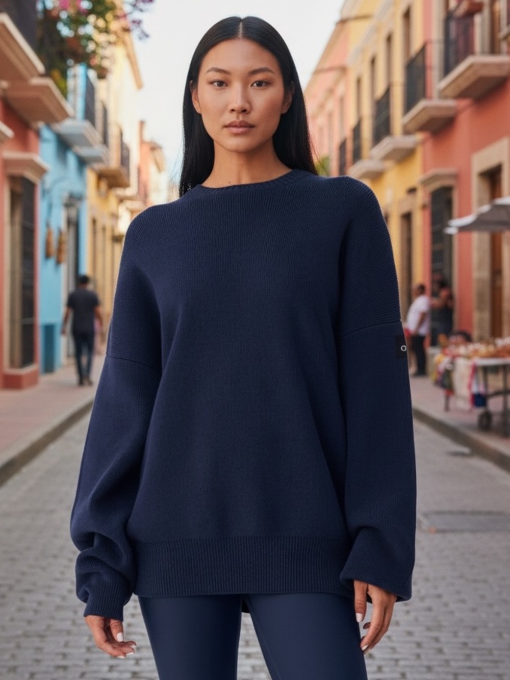 Alo Yoga | Ribbed Knit Oversized Crewneck Sweater | Navy Blue | Size XL